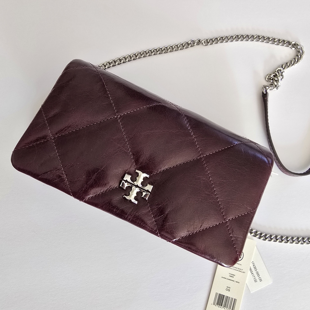 Tory Burch Kira Diamond Distressed Leather Chain Wallet Dark Carmine - Picture 2 of 14